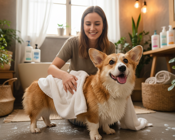 corgi és a gazdija fürdetés után