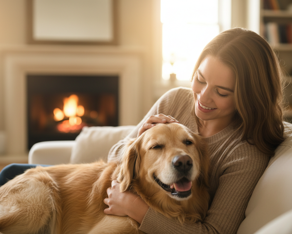 készíts egy fiatal nőről képet aki a kutyáját simogatja